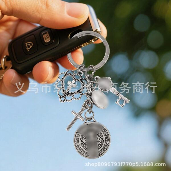 Wholesale Silver Metal Double Sided Cross Keychain with Hollow Heart Design Trendy Backpack Charm for Gift or Everyday Use