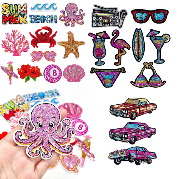 Wholesale Beach Ocean Series Polyester Sequined Octopus Patch Iron-On Embroidery DIY Car Clothing Accessory