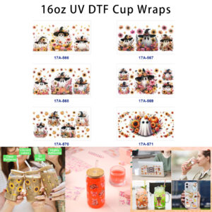 Wholesale 5pcs Fall Halloween Cute Witch Ghost Sunflower Pumpkin Wildflower Mixed Decor Prints 16oz Cup UV DTF Wraps
