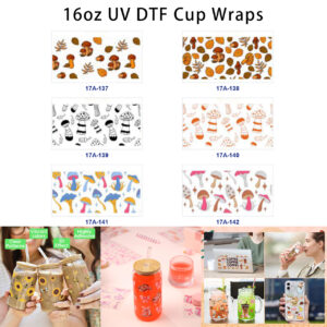 Wholesale 5pcs Autumn Forest Hand Drawn Mushroom Fall Leaves Natural Plant Mixed Decor Prints 16oz Cup UV DTF Wraps
