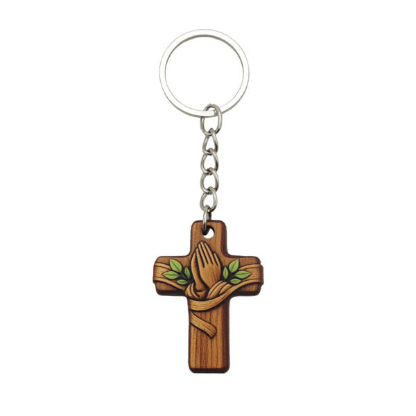 oly-f16a1fdf4e4c51e908aafe2eab6ed0f7 Wholesale Minimalist Wooden Cross Keychain with Prayer Hands and Leaf Design - Gift, Bag Charm, Jewelry Accessory