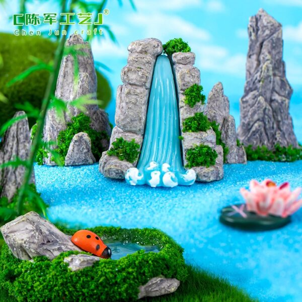 Wholesale Chinese Style Miniature Resin Landscape Ornament with Simulated Waterfall and Moss, DIY Garden Decor Accessory for Home Decor Resale