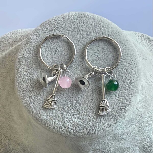Wholesale Witch Keychain Set with Green Pink Hats, Broom, Crown Boutique Resale Fashion Accessory for Casual Gift