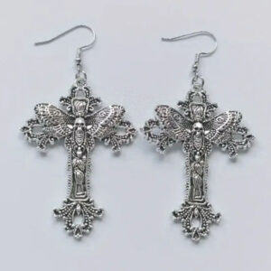 Wholesale Gothic Vintage Cross Moth Earrings, Alloy Silver Plated Jewelry Accessory for Party or Everyday Wear