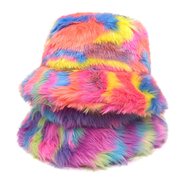 Wholesale Faux Fur Rainbow Gradient Tie Dye Bucket Hat Winter Fashion Accessory