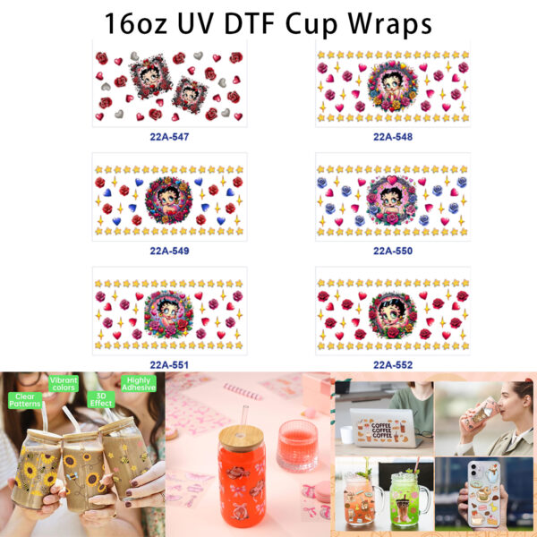 oly-f45e4b1206ce26e86b4fb90f83f8c33c Wholesale 5pcs Retro Sweet Cartoon Girl Red Rose Heart Golden Star Wreath Mixed Decor Prints 16oz Cup UV DTF Wraps OLY Exclusive