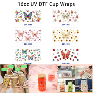 Wholesale 5pcs Fresh Dreamy Watercolor Butterfly Wild Flower Sunflower Bow Mixed Decor Prints 16oz Cup UV DTF Wraps