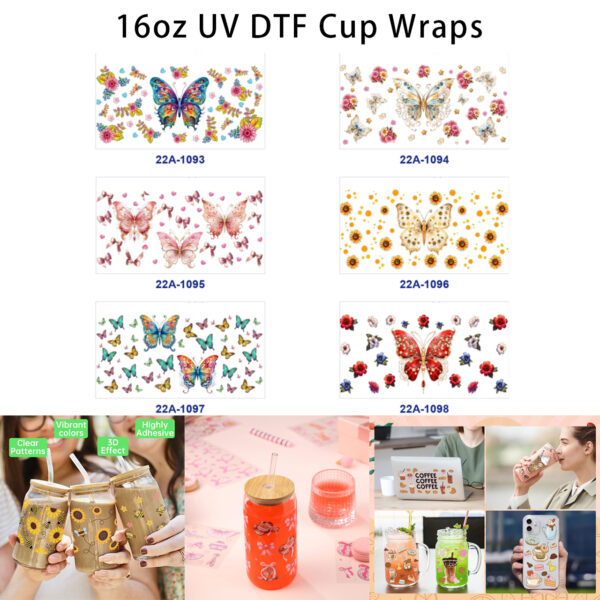 oly-f52507a9fcdc86b5c33ca017c00df801 Wholesale 5pcs Fresh Dreamy Watercolor Butterfly Wild Flower Sunflower Bow Mixed Decor Prints 16oz Cup UV DTF Wraps