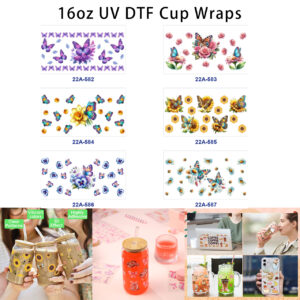 Wholesale 5pcs Dreamy Watercolor Butterfly Border Rose Sunflower Violet Daisy Mixed Bloom Decor Prints 16oz Cup UV DTF Wraps
