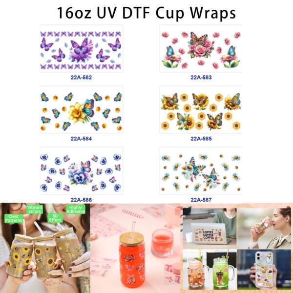 oly-f54187efbb9dc3949013994d2a26bfb7 Wholesale 5pcs Dreamy Watercolor Butterfly Border Rose Sunflower Violet Daisy Mixed Bloom Decor Prints 16oz Cup UV DTF Wraps