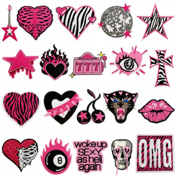 Wholesale Trendy Y2K Black Pink Heart Star Embroidered Patches 20-Pack for DIY Clothing Bag Decoration, Resale Gift