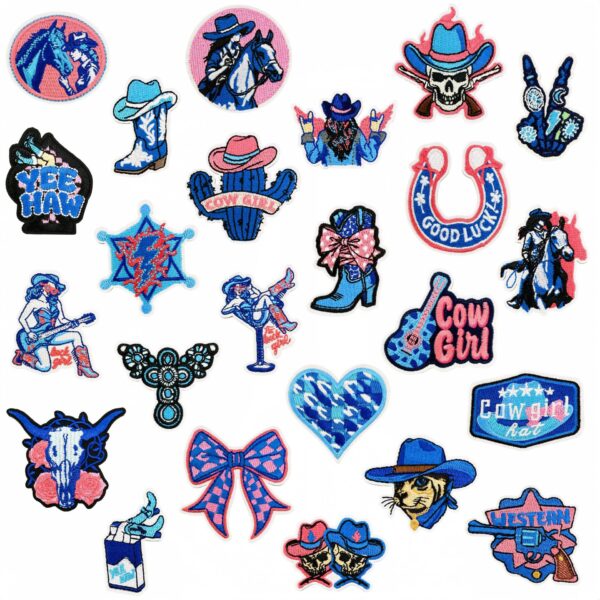 Wholesale Embroidered Iron On Patches Western Cowgirl Skull Design 24pcs Set DIY Fashion Accessory