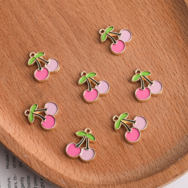 Wholesale Pink Cherry Simulated Food Toy Pendant Alloy Baked Paint Charm for DIY Bracelet Phone Chain Boutique Resale