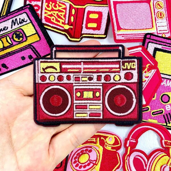 oly-f8a44e5b3fc6a374f9375a38e4a59e5c Wholesale Trendy Pink Retro Record Player Game Console Embroidered Patch for Shoes Hats Boutique Gift