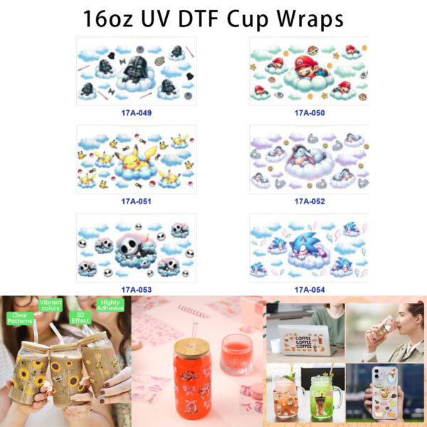 Wholesale 5pcs Cute Dreamy Cloud Sleeping Game Movie Cartoon Figure Coin Lightning Sphere Weapon Mixed Decor Prints 16oz Cup UV DTF Wraps OLY Exclusive