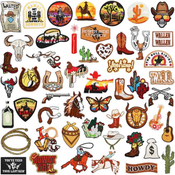 oly-fa7cf812d58de434fbd27855c4bebc6c Wholesale Western Cowboy Embroidered Patches - 52 Pieces Horse & Pistol Design - Polyester Thread Decorative Accents for Clothing