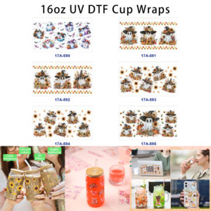 Wholesale 5pcs Fall Halloween Cute Ghost Witch Hat Sunflower Pumpkin Checker Bat Spiderweb Mixed Decor Prints 16oz Cup UV DTF Wraps