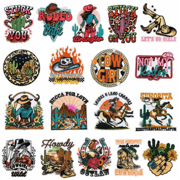 Wholesale 18pcs Cowgirl Patch Set Western Style Leopard Cactus Embroidered Patches DIY Clothing Accessory
