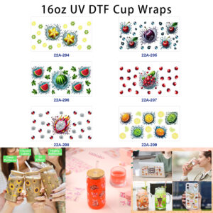 oly-fbbf4b5372b34b7e56aff81a186975bc Wholesale 5pcs Water Splash Fresh Tropical Fruit Green Leaf Daisy Realistic Watercolor Mixed Print 16oz Cup UV DTF Wraps