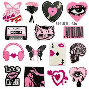 Cartoon black and pink fabric patch set - 15 pieces