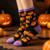 Wholesale Polyester Cotton Moisture Wicking Mid Calf Socks Halloween Cartoon Pumpkin Skeleton Unisex Party Socks