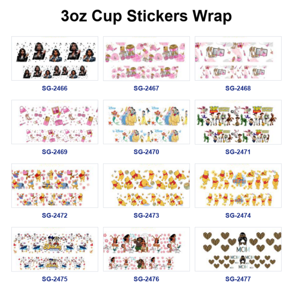 Wholesale 8pcs Mixed Beauty Fashion Cartoon Character Print 3oz Cup Stickers Wrap OLY Exclusive