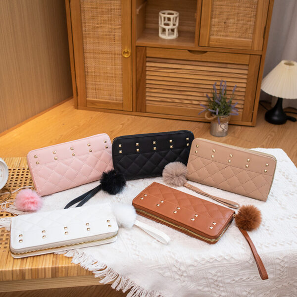 Wholesale PU Leather Studded Wallet with Furry Ball Charm for Women Everyday Use