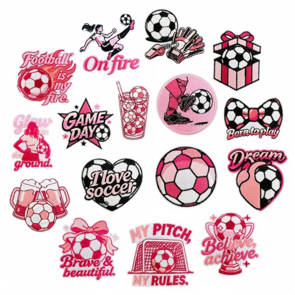 oly-fdf1653f9556e4d70e20c5f946bfe26c Wholesale Home Decor Black Pink Soccer Embroidered Iron-On Patches 16-Piece Set DIY Accessory