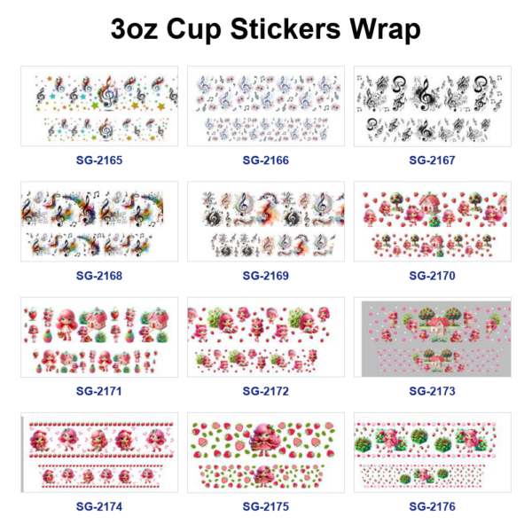 oly-fe7b62cc27e1c4075b74d1e2d2778888 Wholesale 8pcs Mixed Music Note Strawberry Cartoon Girl Print 3oz Cup Stickers Wrap