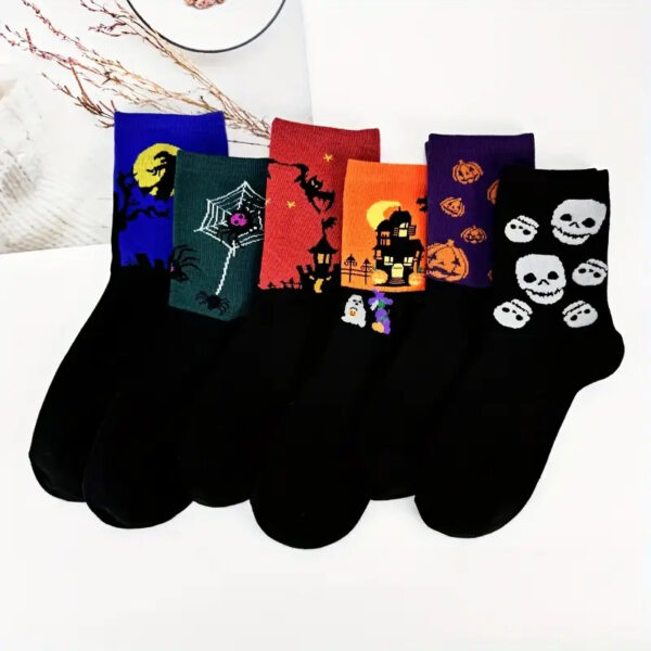 oly-feb8bd999107f5cc3012e237fcac3dff Wholesale Polyester Cotton Mid Calf Socks Halloween Skull Pumpkin Bat Cartoon Print for Youth and Adults