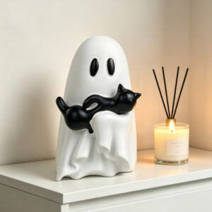 A large ghost carrying a black cat.