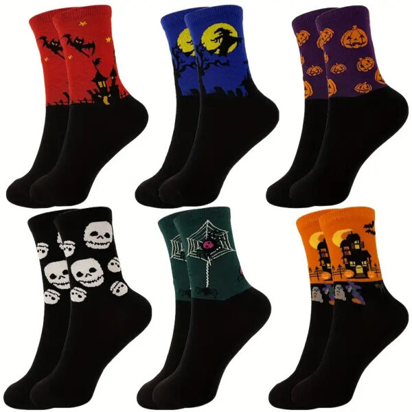 oly-ff288f8f02fff978f678c0a9f6488958 Wholesale Polyester Cotton Mid Calf Socks Halloween Skull Pumpkin Bat Cartoon Print for Youth and Adults