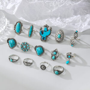 Wholesale Retro Bohemian turquoise cactus carved 14-piece set ring factory direct
