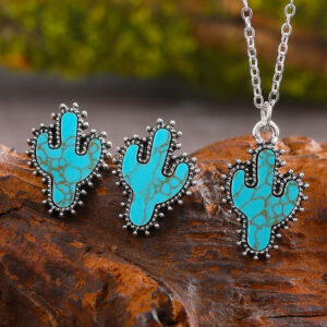 oly-0014274a62579c16b18f6c81a97afa97 Wholesale Cactus Turquoise Earring Necklace Set Layering Jewelry Fashion Accessory Boutique Resale