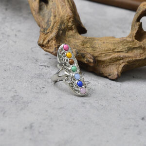 oly-04f2057675b0474977dfa87154c366ba Wholesale Antique Silver Zinc Alloy Adjustable Ring Distressed Geometric Rainbow Hollow Bohemian Style Jewelry Accessory