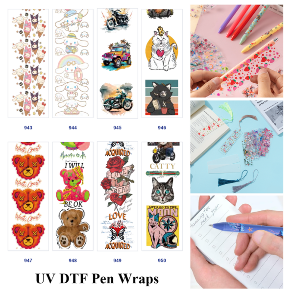 Wholesale 2/8/16pcs Cute Cartoon Doll Motorcycle Cat Bear Rose Text Print Pen and Bookmark Stickers UV DTF Wraps OLY Exclusive