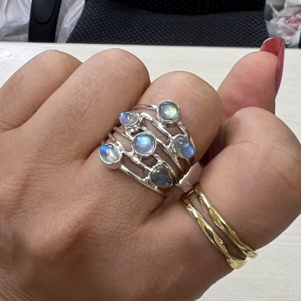 oly-079f2b848d82ca415b0e9b447763b3e0 Wholesale Bohemian Geometric Gemstone Wide Band Ring Silver Tone Zinc Alloy Women S Fashion Jewelry Gift