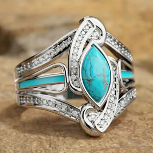 oly-08e3fce7327b1e0da01854b873c3ae1d Wholesale Vintage Blue Turquoise Rhinestone Ring For Women Stylish Geometric Silver Tone Jewelry Accessory For Parties And Everyday Wear
