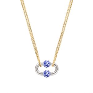 Steel chain color-blocked gold and blue floral oval necklace
