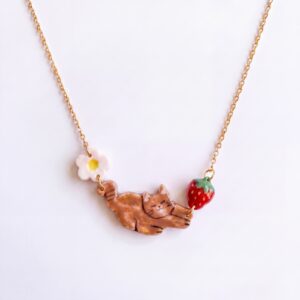 Brown cat strawberry necklace