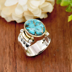 Wholesale Bohemian Turquoise Ring Wide Band Retro Geometric Style Zinc Alloy Electroplated Boutique Resale Gift