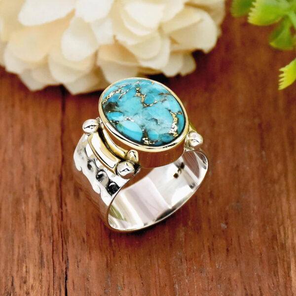 oly-0eab44a4e5e858a8a17e9168bd3ed0fc Wholesale Bohemian Turquoise Ring Wide Band Retro Geometric Style Zinc Alloy Electroplated Boutique Resale Gift
