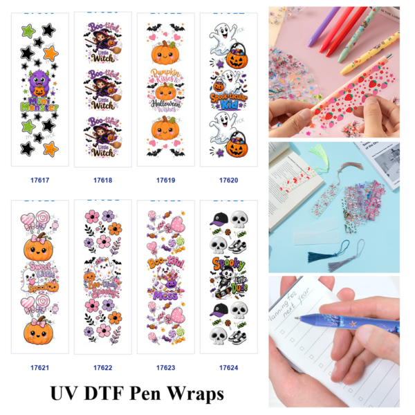 oly-0f8318eddddfd2737c583f28a70dff85 Wholesale 2/8/16pcs Cute Cartoon Halloween Monster Ghost Pumpkin Pen and Bookmark Stickers UV DTF Wraps