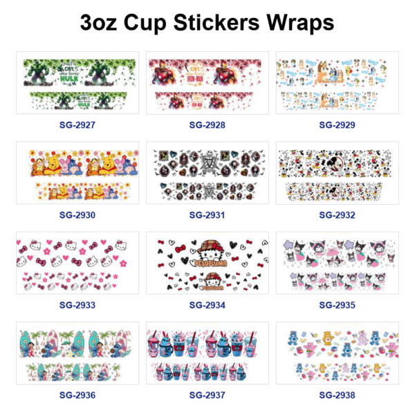 Wholesale 8pcs Cute Cartoon Character Print 3oz Cup Stickers Wrap OLY Exclusive