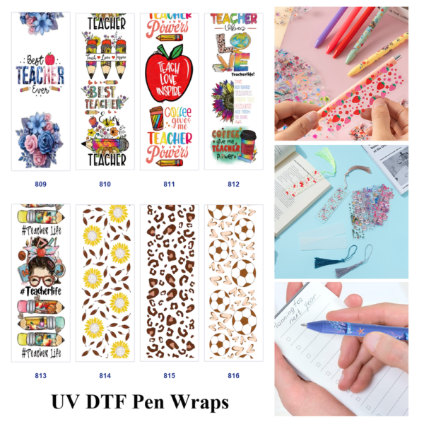 Wholesale 2/8/16pcs Teacher Slogan Floral Leopard & Sport Ball Print Pen and Bookmark Stickers UV DTF Wraps