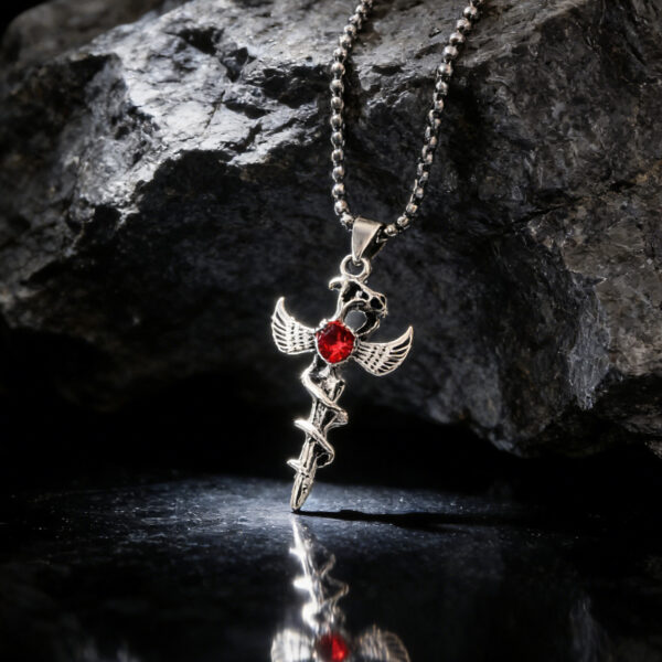 Wholesale Antique Silver Winged Cross Ruby Pendant Long Chain Necklace Trendy Punk Jewelry