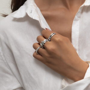 Wholesale Retro Flame Heart Open Ring Set Distressed Silver Alloy Trendy Jewelry Accessory Gift