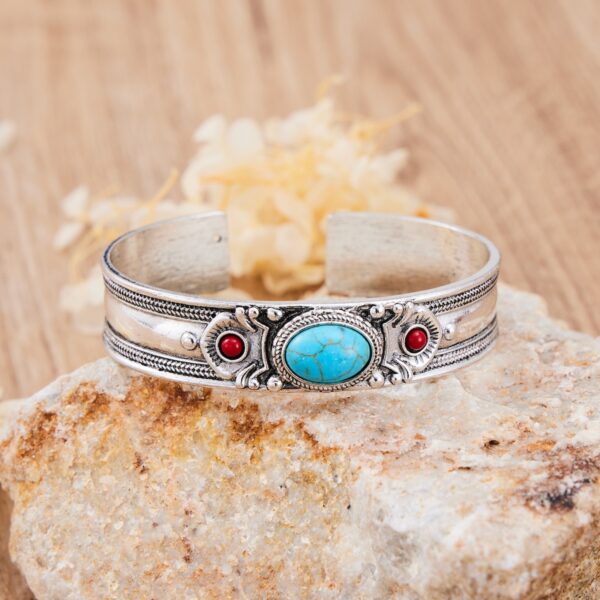 oly-151d18c664f8c37e82240f6f33e672cc Wholesale Retro Bohemian Turquoise Open Bangle Bracelet Silver Electroplated Metal Gift For Women