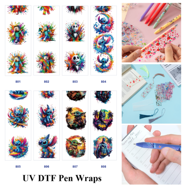 Wholesale 2/8/16pcs Paint Splash Fantasy Creature & Block Figure Print Pen and Bookmark Stickers UV DTF Wraps