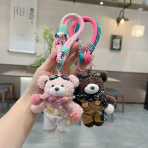 Wholesale Plush Bear Keychain Bag Charm Cute Scarf Overalls Stuffed Animal With Camera Pink Korean Style Car Key Accessory Gift